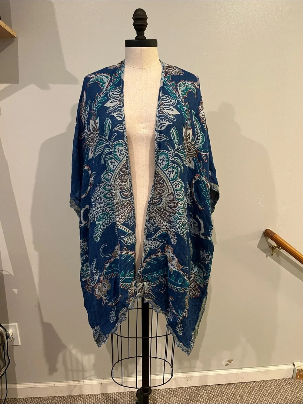 Reversible kimono caftan woven blue paisley one size